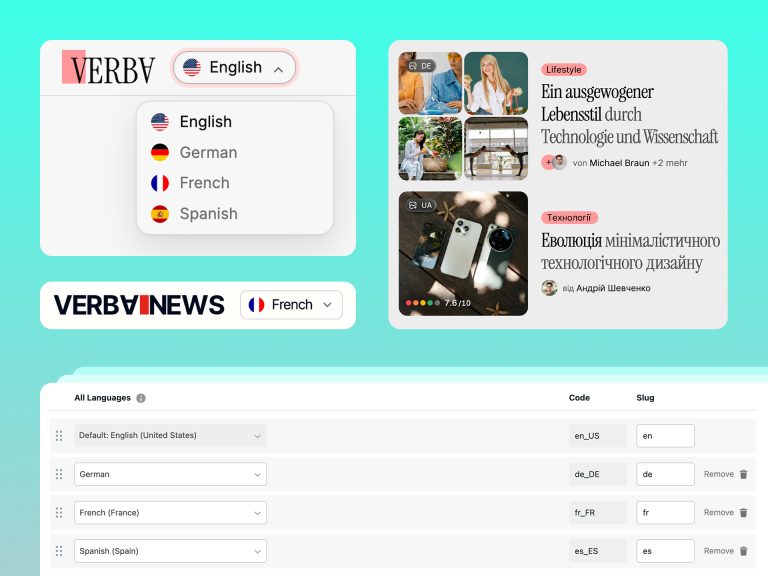 Verba language switcher with English, German and French