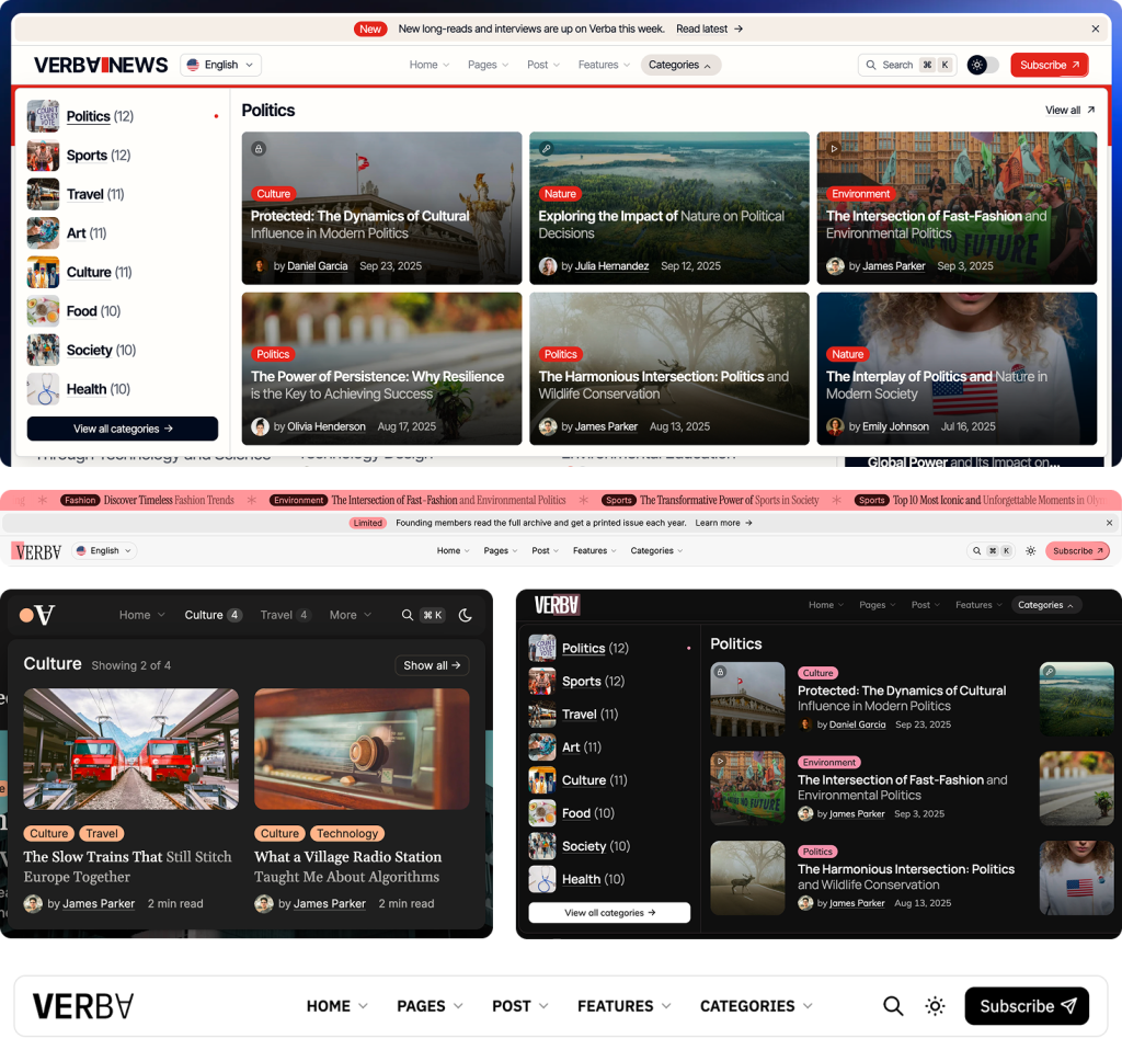 Verba mega menu navigation