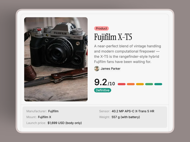 Verba review card with a 9.2 score for a camera