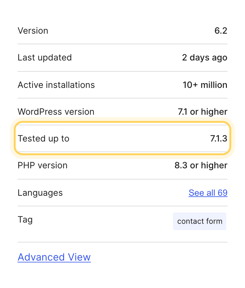 Contact Form 7 details on WordPress.org with the Tested up to version highlighted.