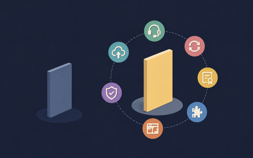 Two product slabs: a plain grey one on its own, a gold one ringed by icons for support, updates, licensing and security