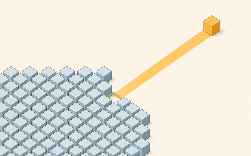 One gold cube leaving a tight grid of grey cubes along a bright ramp
