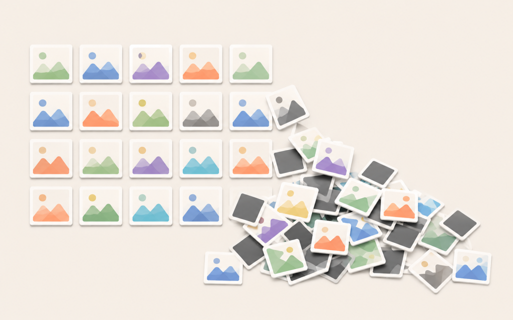 A tidy grid of image thumbnails collapsing into a heap of duplicates and blank tiles