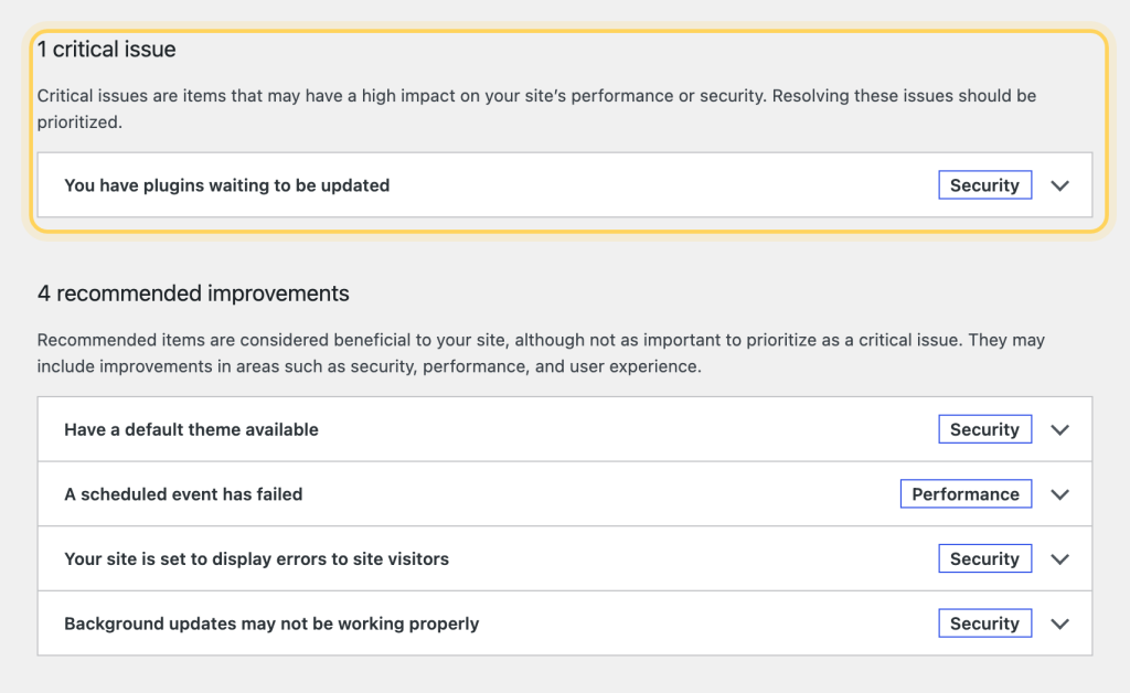 WordPress Site Health screen listing one critical issue and four recommended improvements.