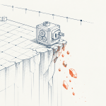A small cube tipping off the edge of a grid cliff