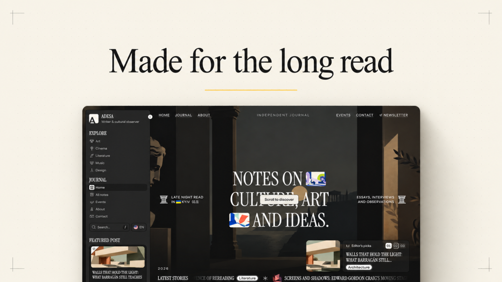 Editorial cover: a cream canvas with the serif headline Made for the long read above a screenshot of the dark Adesa demo front page.