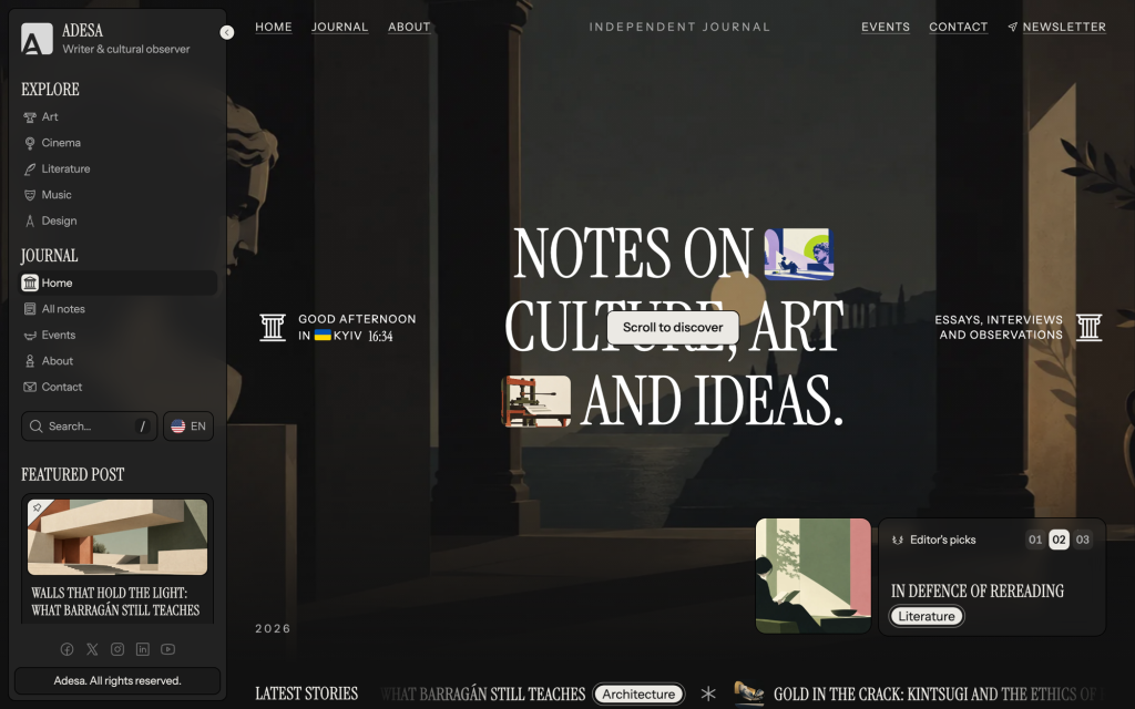 The Adesa Main demo front page: a dark side navigation with Art, Cinema, Literature, Music and Design sections, a serif hero reading Notes on culture, art and ideas, an editor picks card and a latest stories ticker.