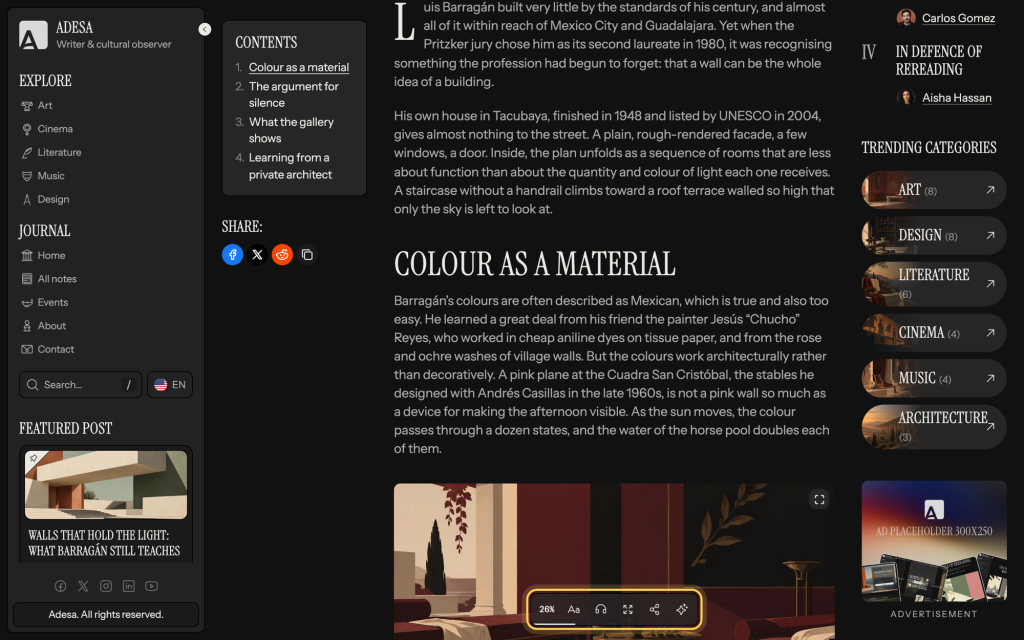 An Adesa demo essay on Luis Barragan with the reading bar ringed at the bottom of the screen, showing 26 percent progress, text size, narration, open gallery, share and summarize buttons; a contents list and share buttons sit to the left of the text.