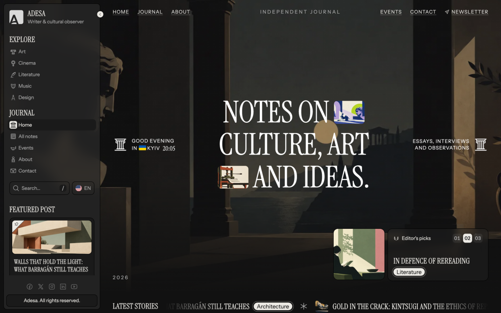 The Adesa demo front page: a dark side navigation, the serif headline Notes on culture, art and ideas, an editor picks card and a latest stories ticker.