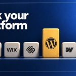 Six clay tiles on a navy shelf with the Ghost, Wix, Squarespace, Webflow and Framer marks, and one tall yellow WordPress tile standing above them, under the words Pick your platform.