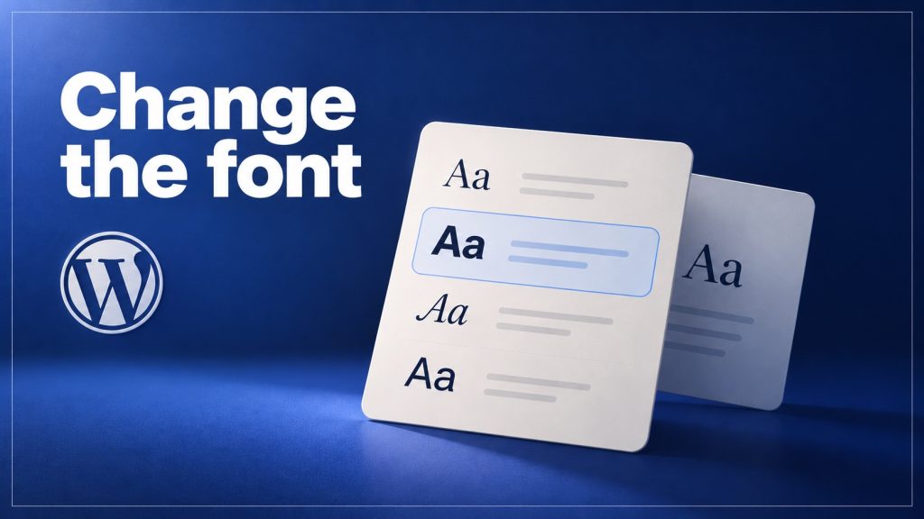 A font picker card listing four typeface samples with one selected, next to the headline Change the font and the WordPress logo.