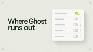 A sage cover with the headline Where Ghost runs out beside a settings card where one switch is on and four locked switches are off.