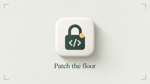A white rounded tile with a padlock closing over a code bracket on a pale sage background.
