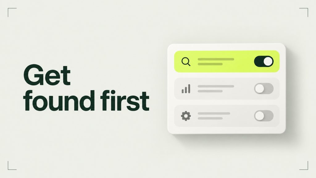 A settings panel with one highlighted switch turned on, next to the words Get found first.