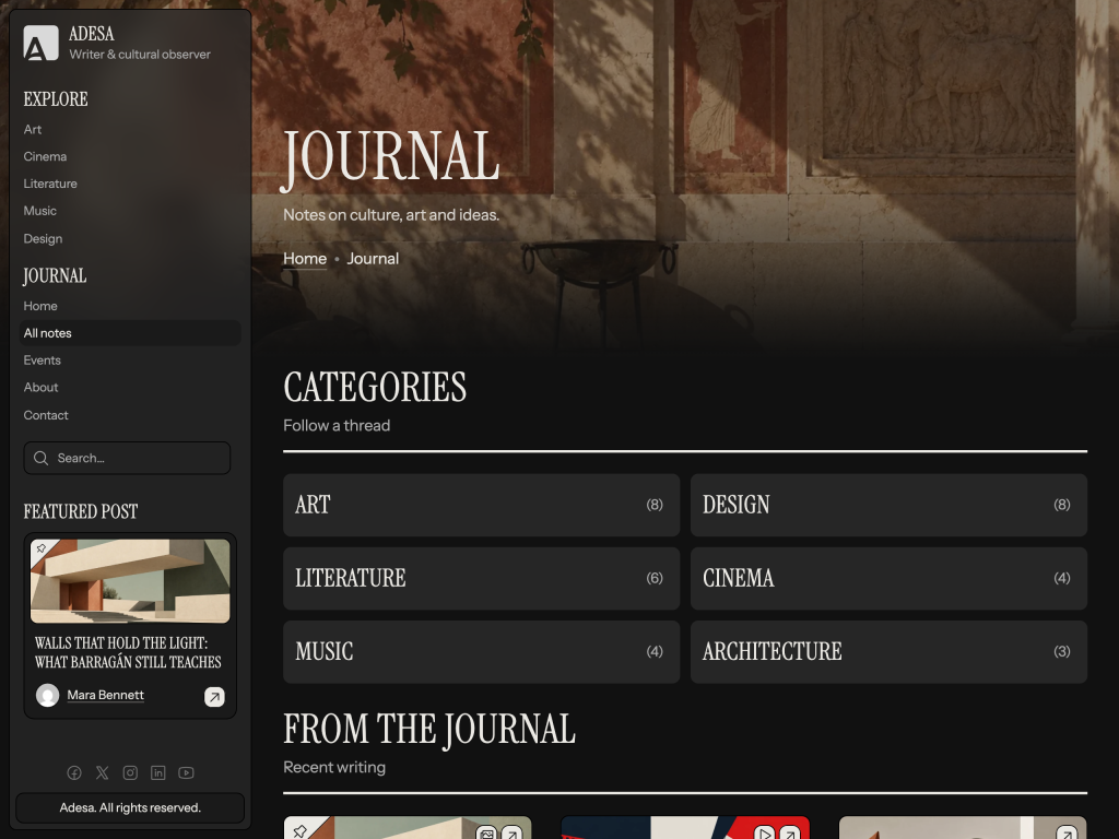 Adesa theme journal page running with zero plugins